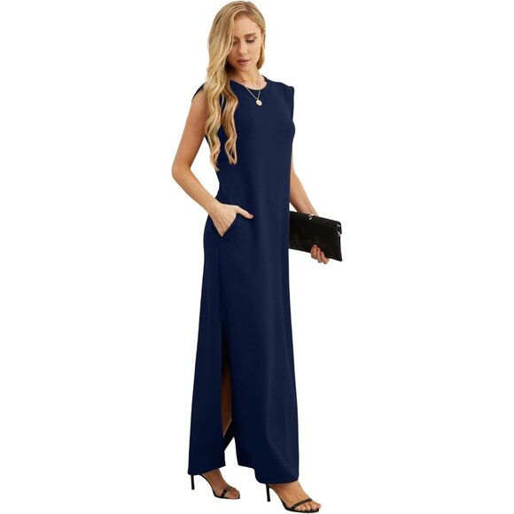 Grecerelle Women Navy Blue Round Neck Loose Split Wrinkle-Free Long Maxi Dress - Picture 5 of 6